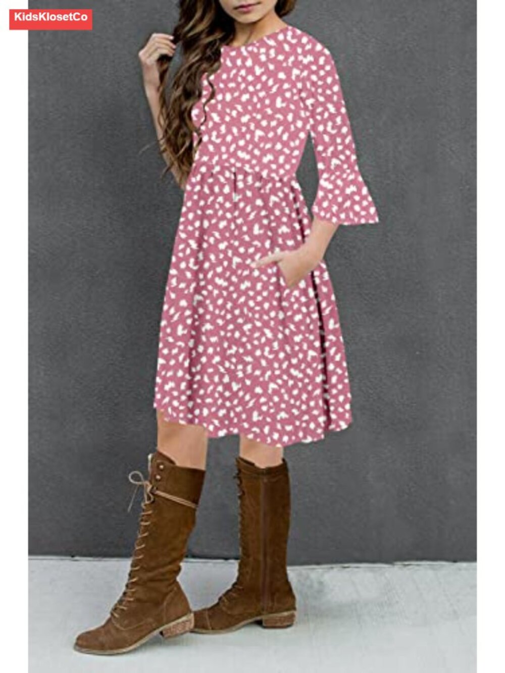 Girls Boho Floral A-line Swing Midi Dress with Pockets - Picture 2 of 6